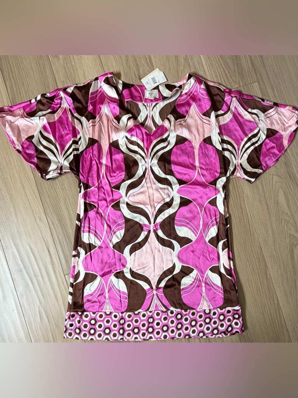 ECI New York Pink Abstract 80’s Vibe SILK Dress Sz L NWT Stretch